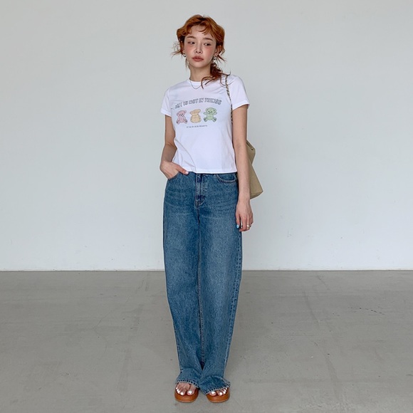 Stylenanda 3ce Korea Teddy Bear Print Cap Sleeve T-Shirt - Picture 13 of 16